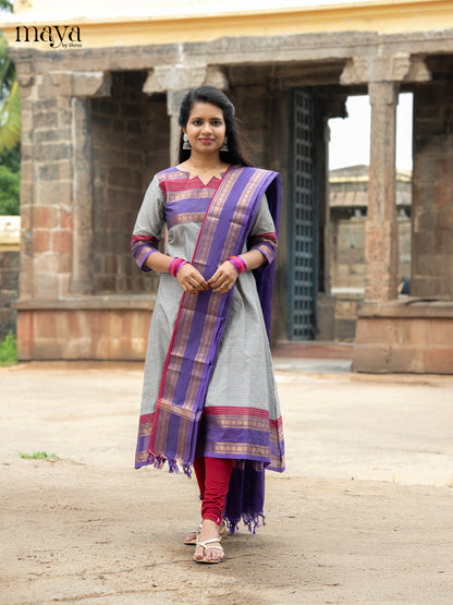 Pretty Grey & Blue Chettinad Cotton Readymade Salwar Set with Dupatta