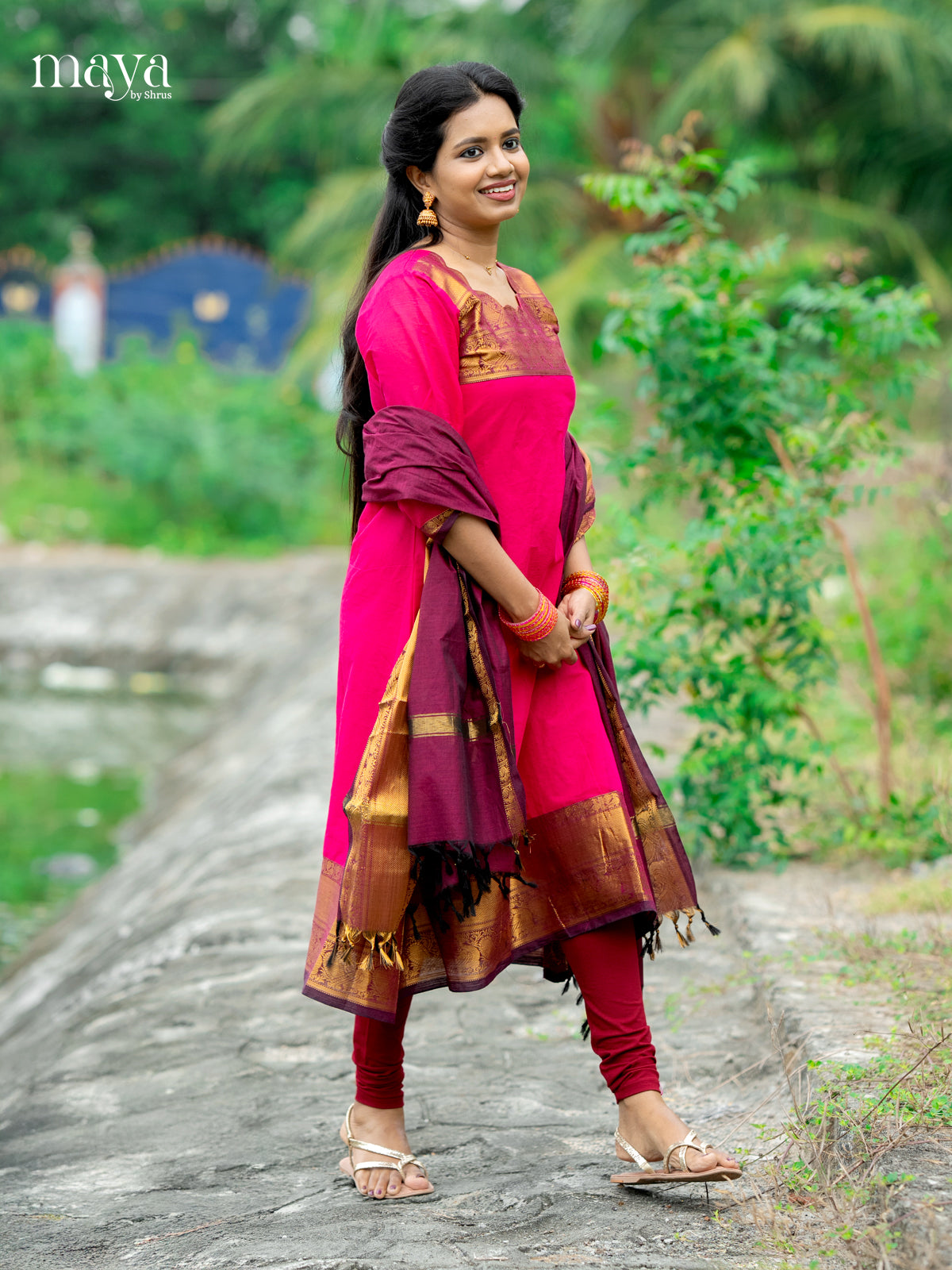 Pink with Purple - Chettinad Cotton Readymade Kurti with Dupatta