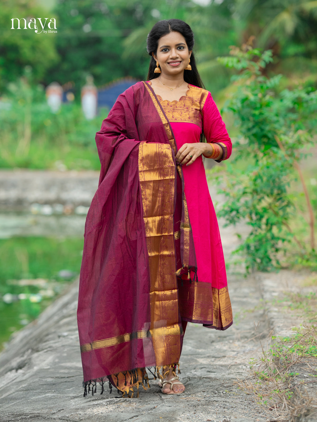 Pink with Purple - Chettinad Cotton Readymade Kurti with Dupatta