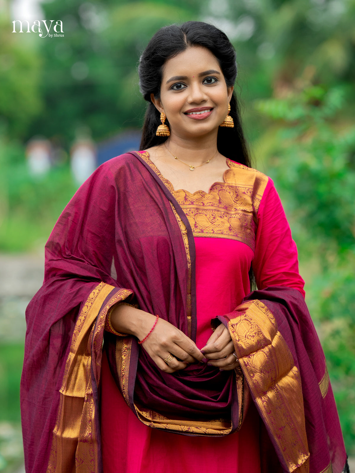 Pink with Purple - Chettinad Cotton Readymade Kurti with Dupatta