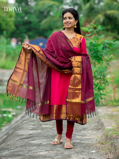 Pink with Purple - Chettinad Cotton Readymade Kurti with Dupatta