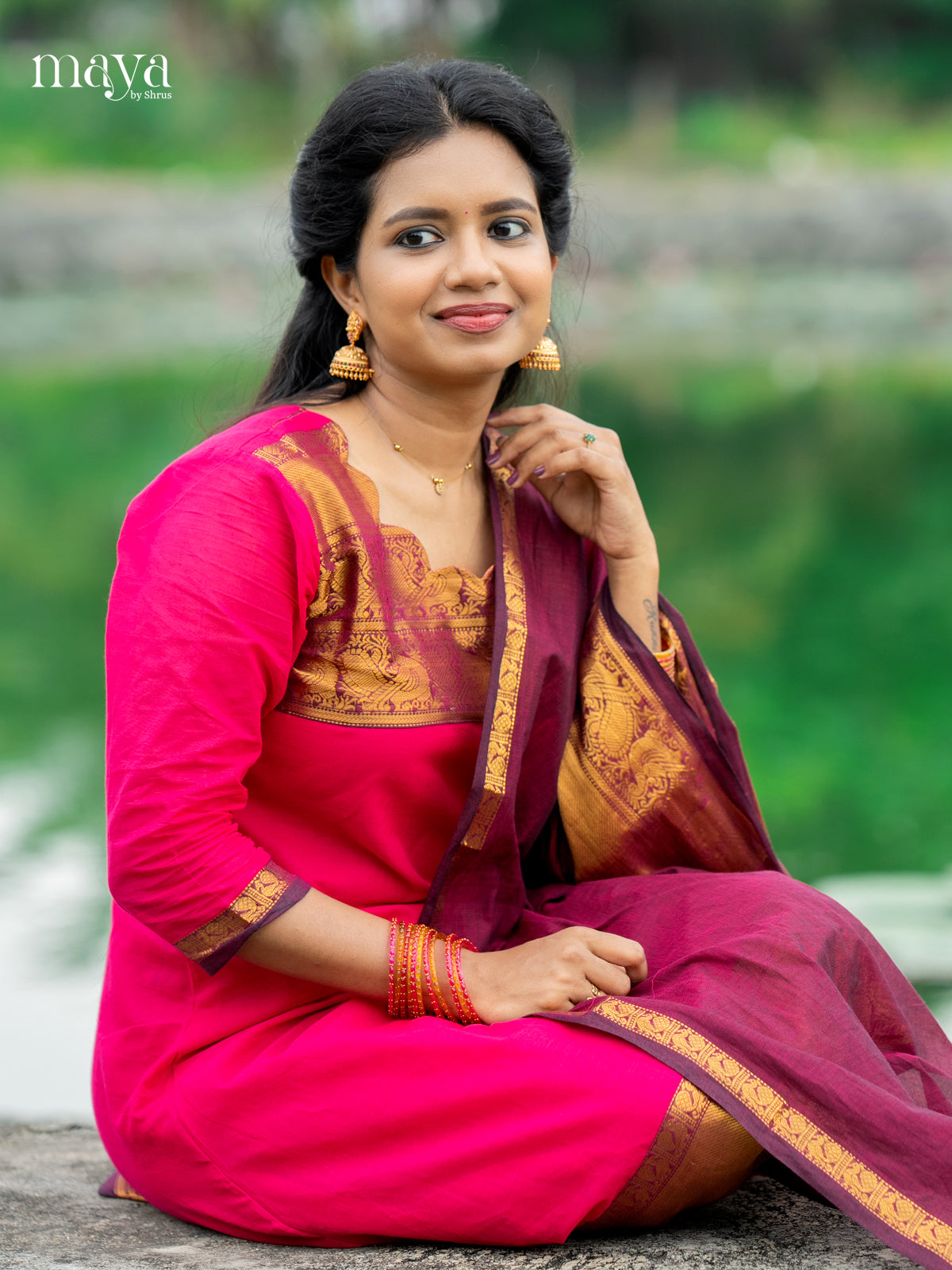 Pink with Purple - Chettinad Cotton Readymade Kurti with Dupatta