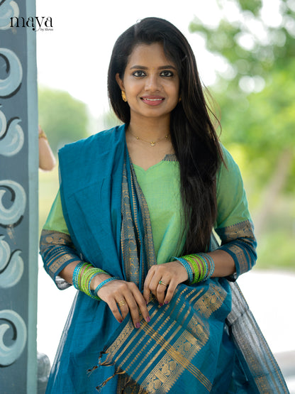 Pista Green & blue-Chettinad Cotton Readymade Kurti with Dupatta