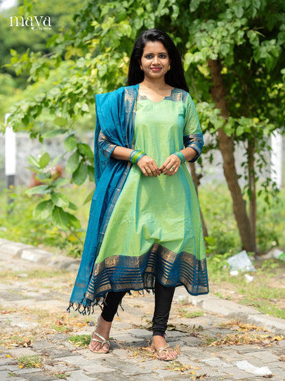 Pista Green & blue-Chettinad Cotton Readymade Kurti with Dupatta