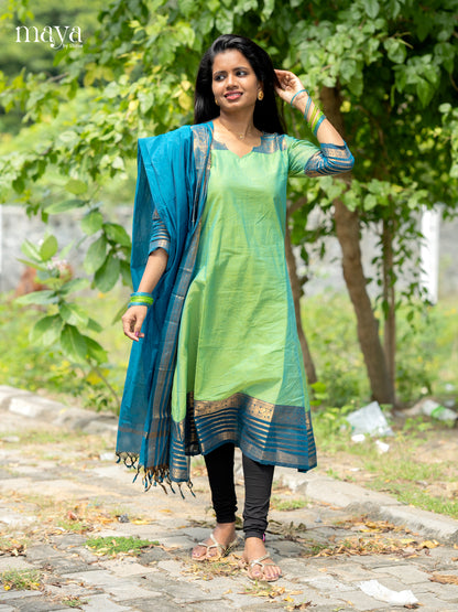 Pista Green & blue-Chettinad Cotton Readymade Kurti with Dupatta