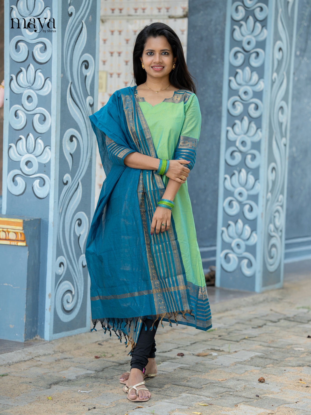Pista Green & blue-Chettinad Cotton Readymade Kurti with Dupatta