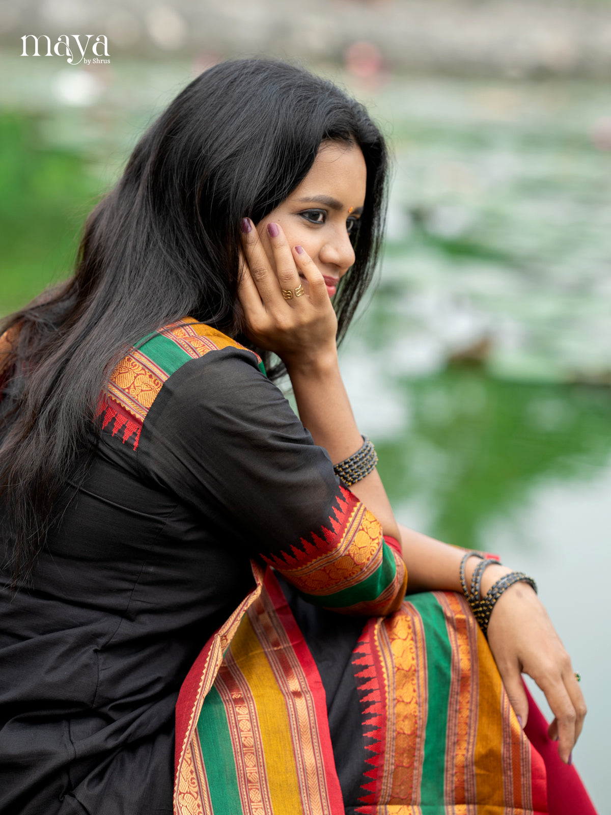 Black & Red- Chettinad Cotton Readymade Kurti with Dupatta