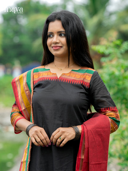 Black & Red- Chettinad Cotton Readymade Kurti with Dupatta