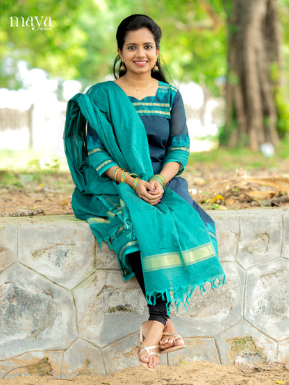 Blue & Teal-Chettiand Cotton Readymade Kurti with Dupatta