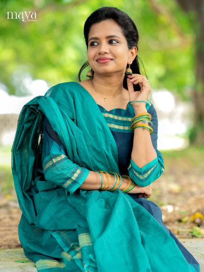 Blue & Teal-Chettiand Cotton Readymade Kurti with Dupatta