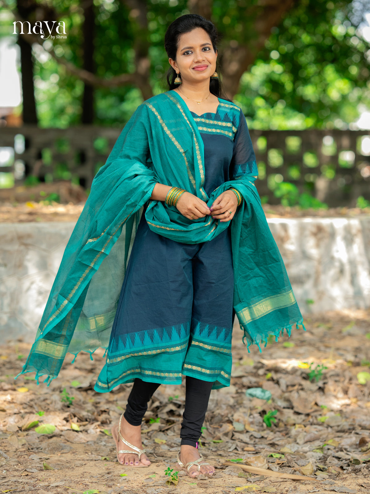 Blue & Teal-Chettiand Cotton Readymade Kurti with Dupatta
