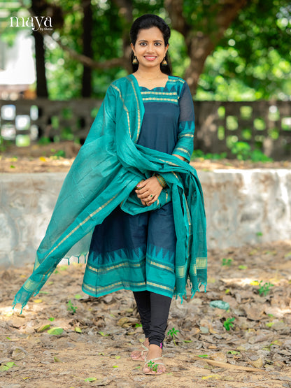 Blue & Teal-Chettiand Cotton Readymade Kurti with Dupatta
