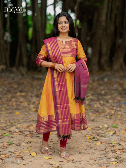 Classy Mustard & Purple Chettinad Cotton Readymade Straight Kurti Set With Dupatta