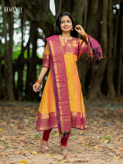 Classy Mustard & Purple Chettinad Cotton Readymade Straight Kurti Set With Dupatta