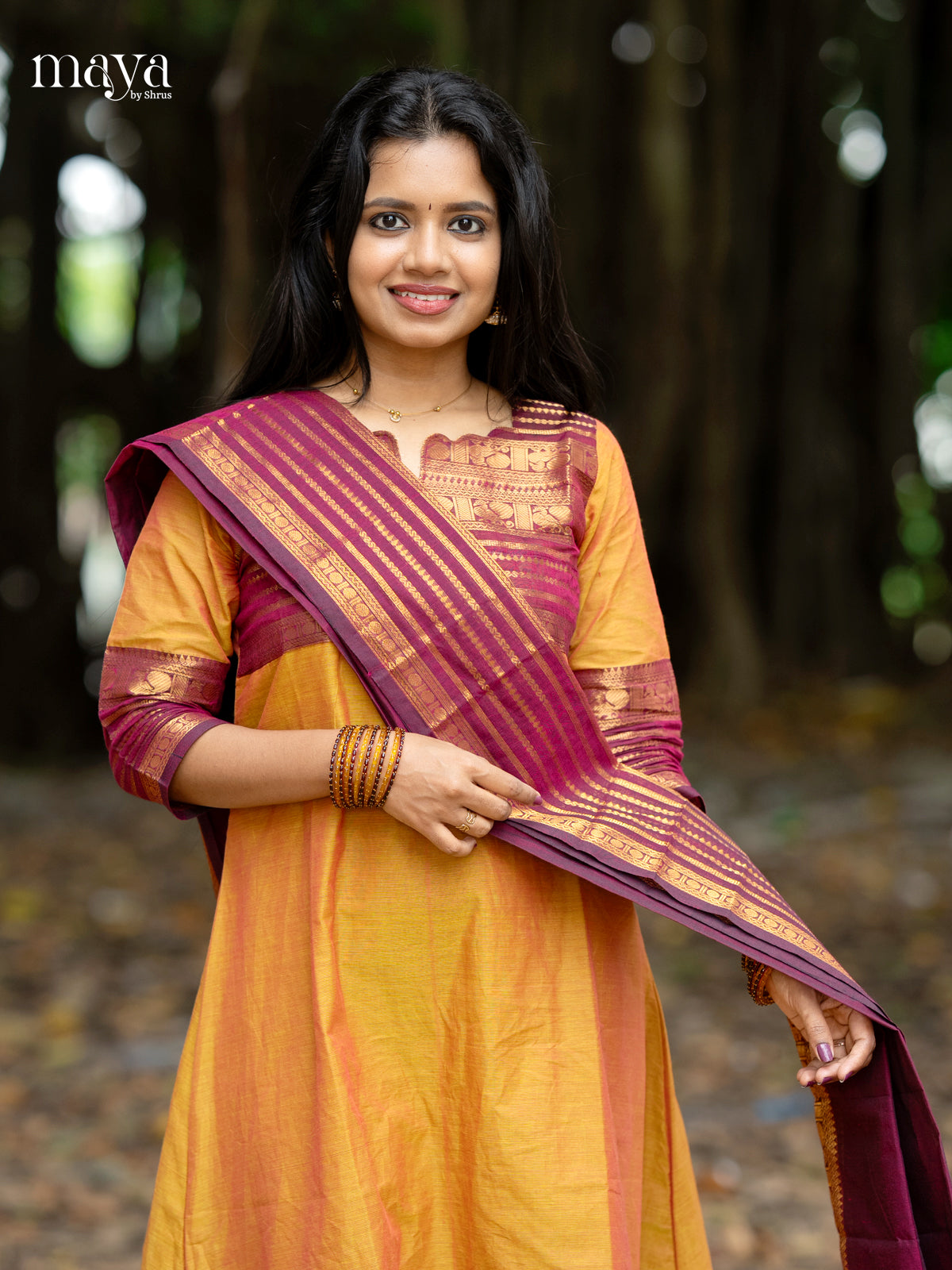 Classy Mustard & Purple Chettinad Cotton Readymade Straight Kurti Set With Dupatta