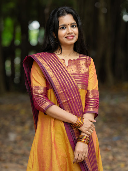 Classy Mustard & Purple Chettinad Cotton Readymade Straight Kurti Set With Dupatta