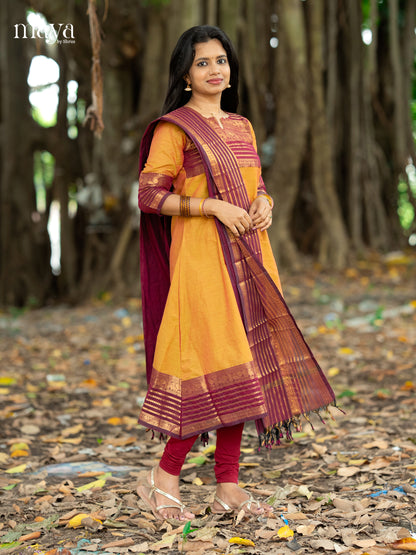 Classy Mustard & Purple Chettinad Cotton Readymade Straight Kurti Set With Dupatta