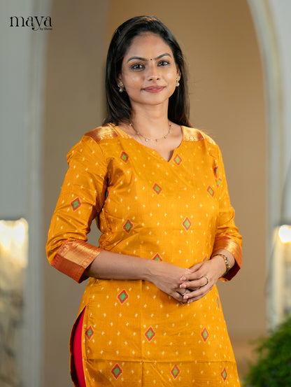 Luxurious Yellow Semi Patola Print Kurti with Silk Zari Border