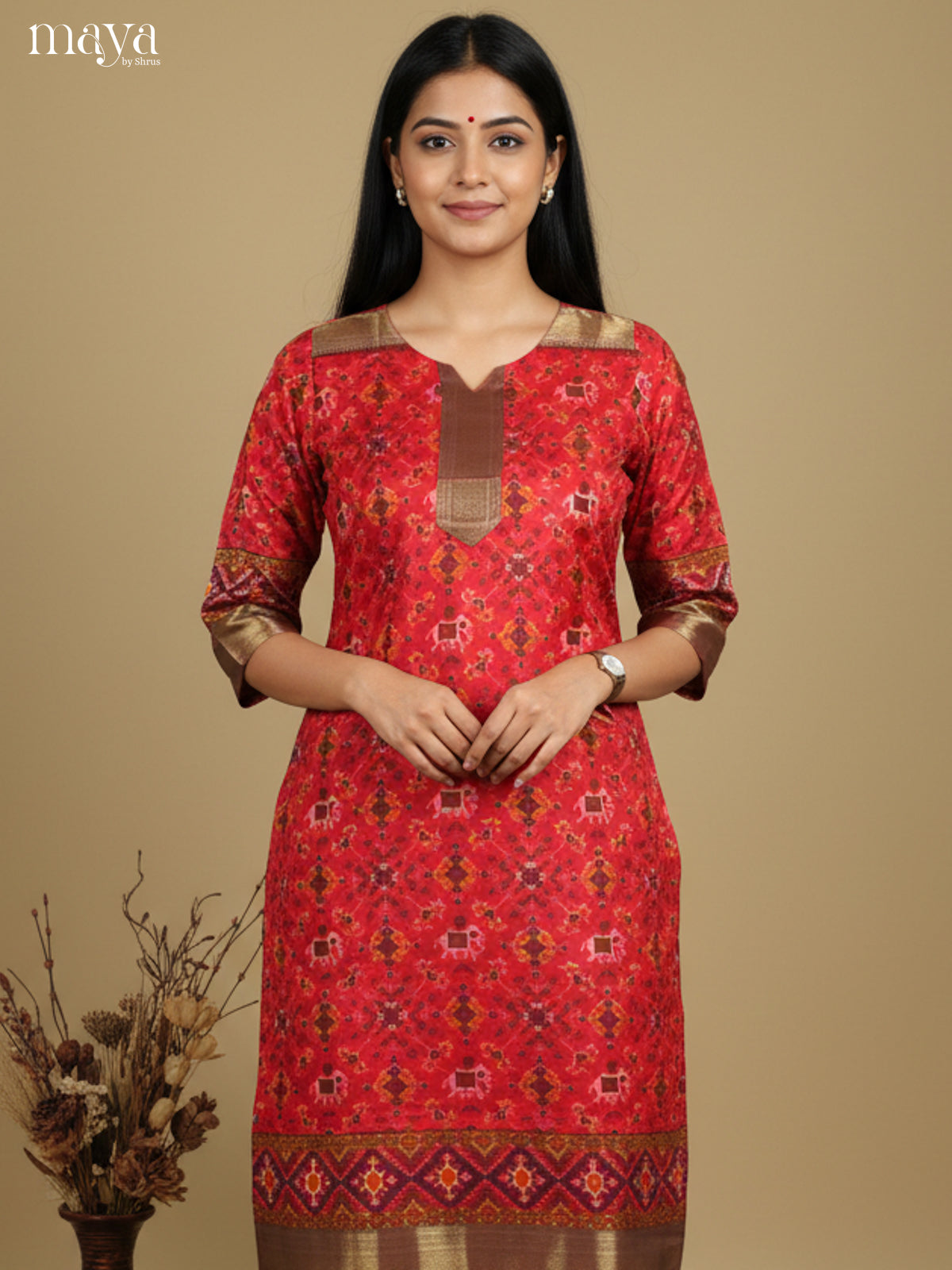 Exquisite Red Patola Print Kurti with Silk Zari Border