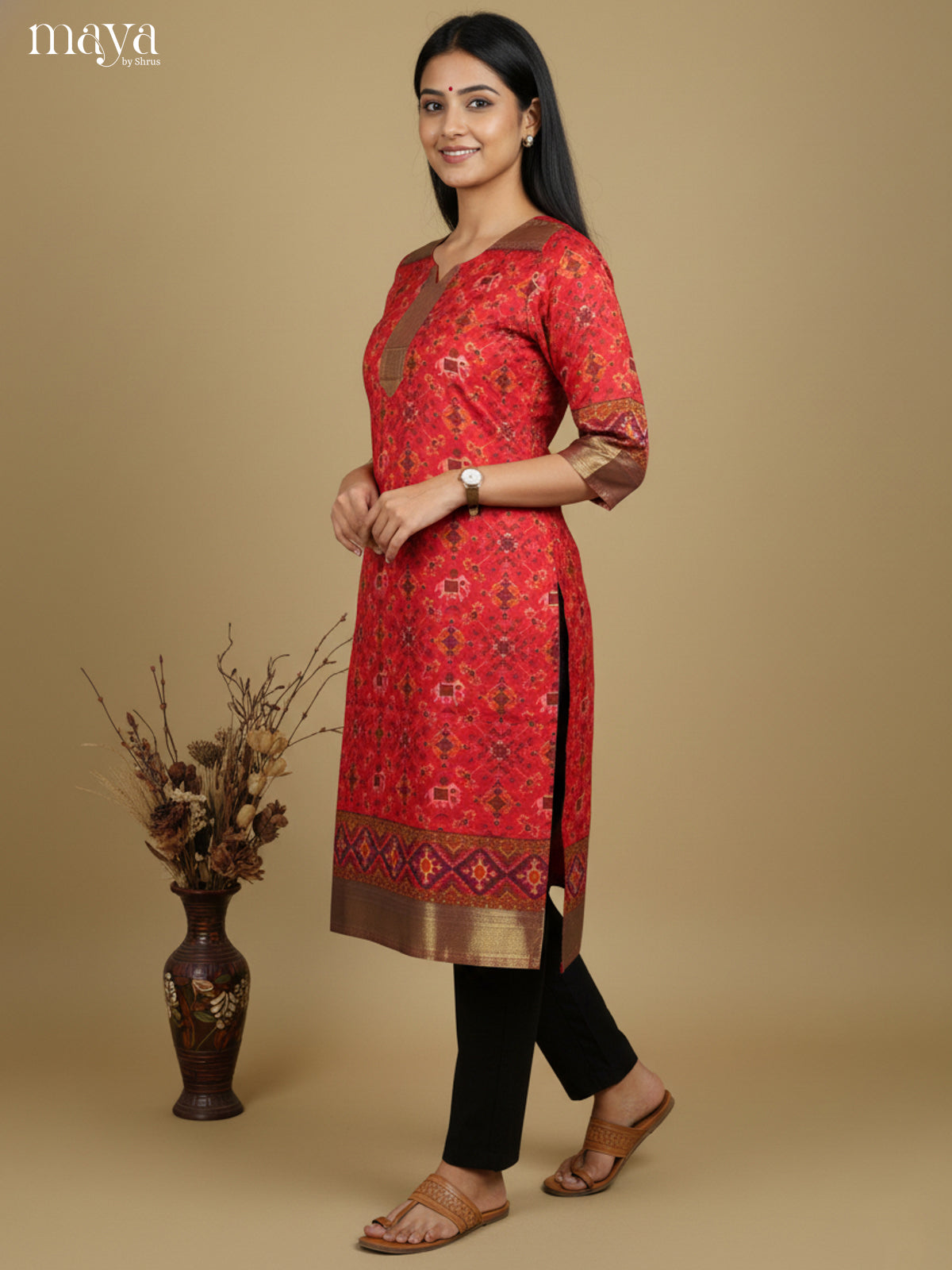 Exquisite Red Patola Print Kurti with Silk Zari Border