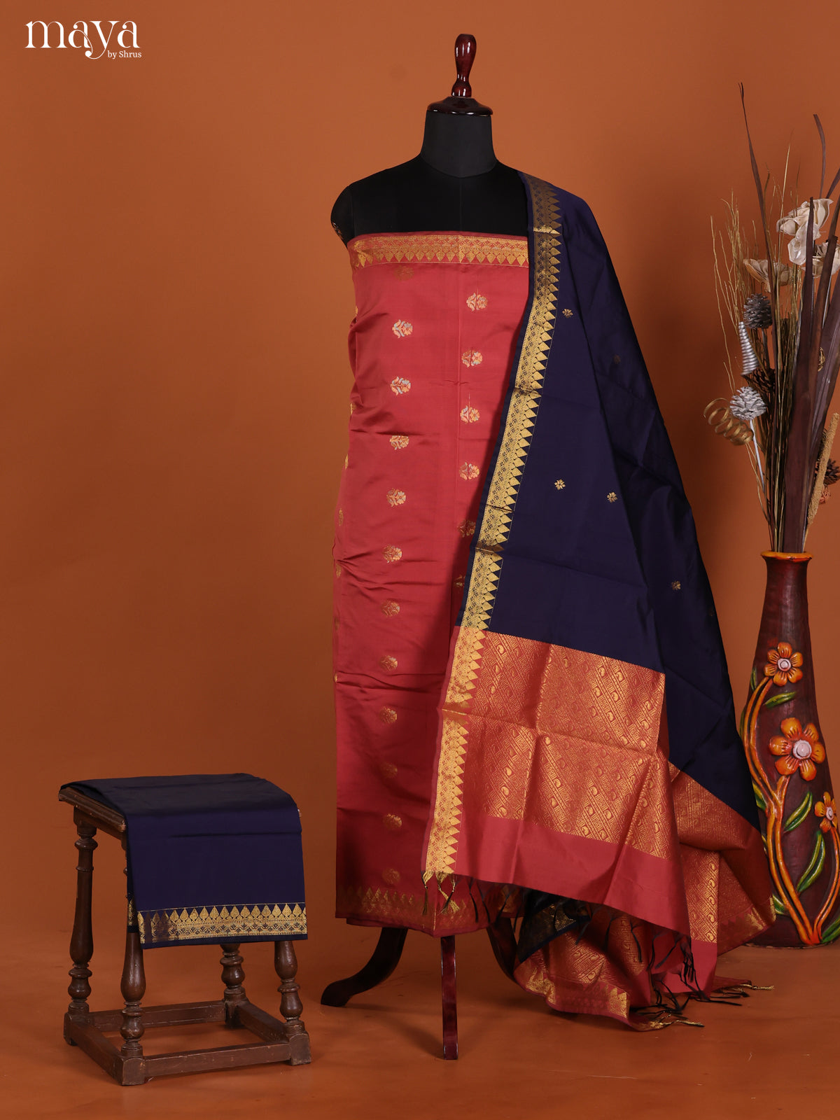 Red & Blue-semi softsilk salwar Unstitch