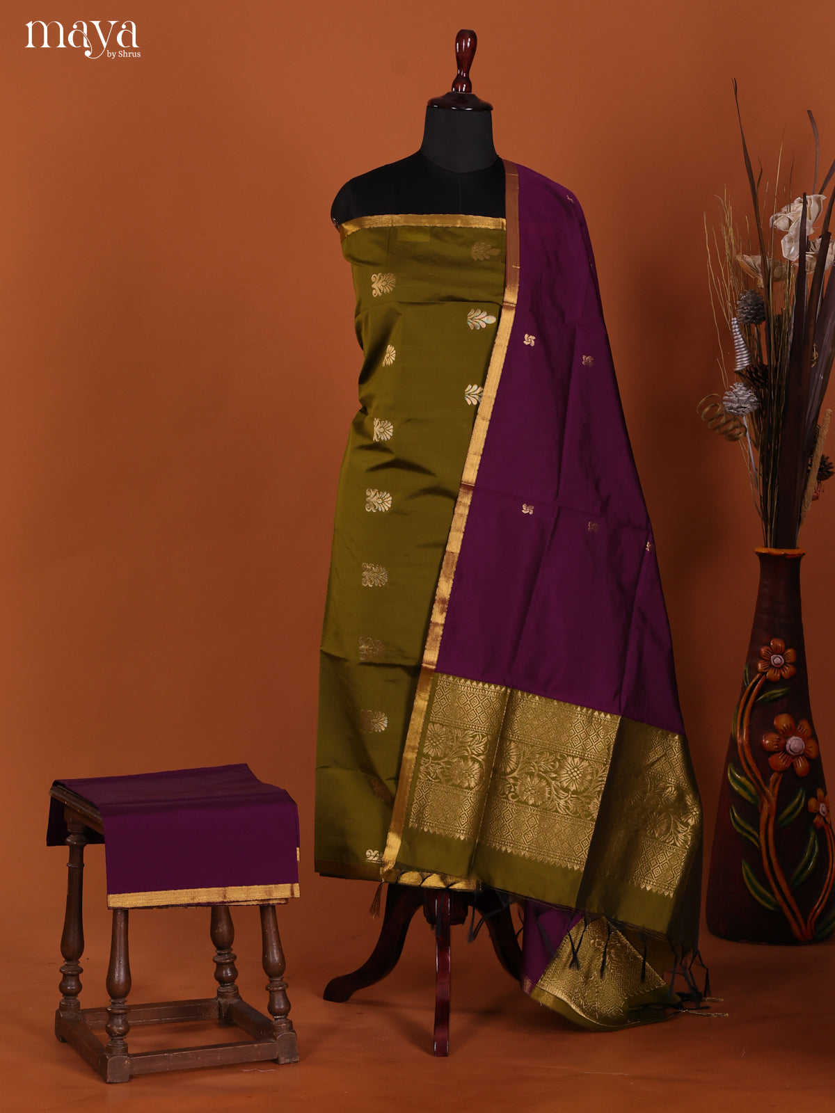 Mehandi Green & Violet-semi softsilk salwar Unstitch