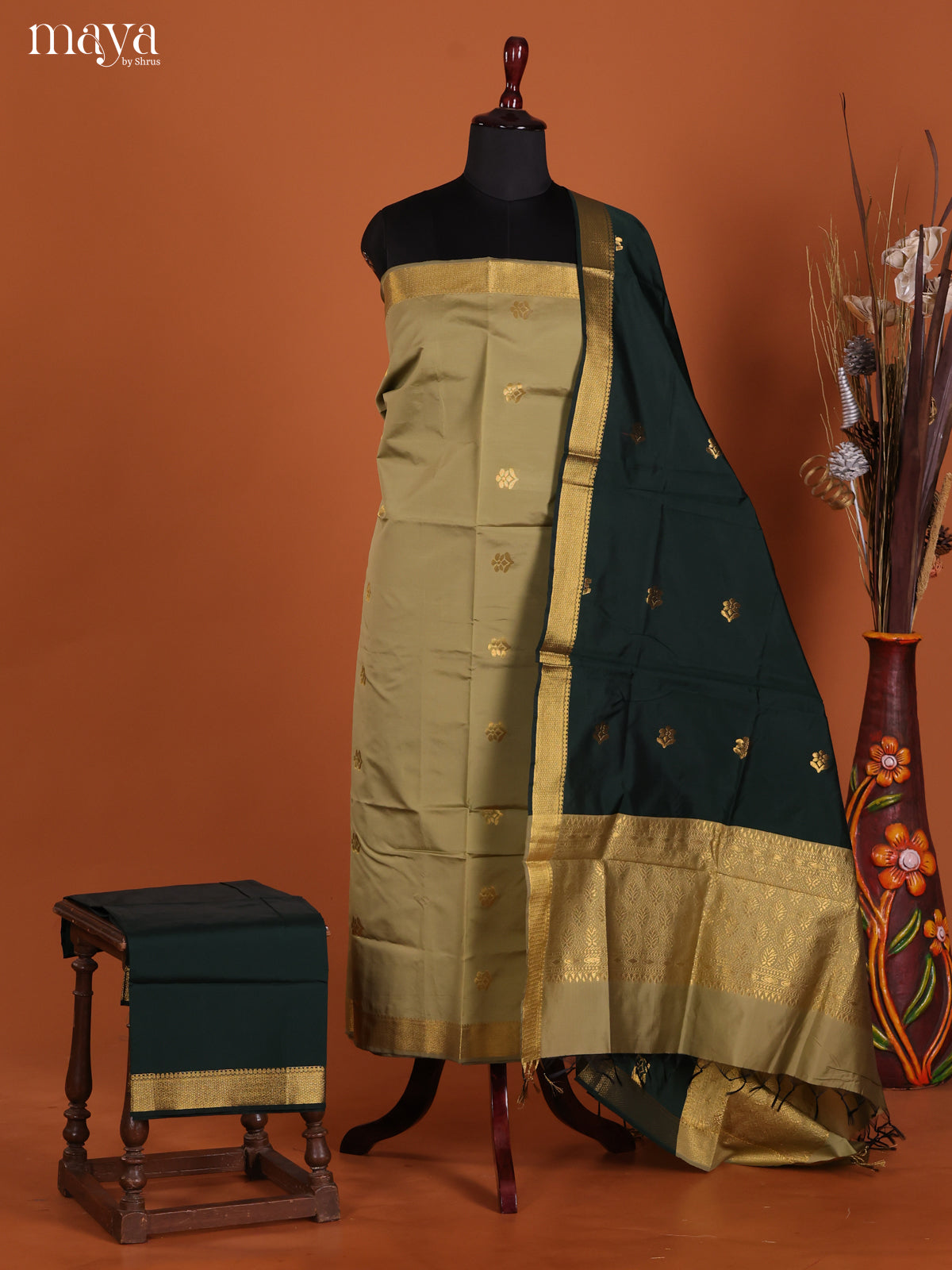 Grey & Green -semi softsilk salwar Unstitch