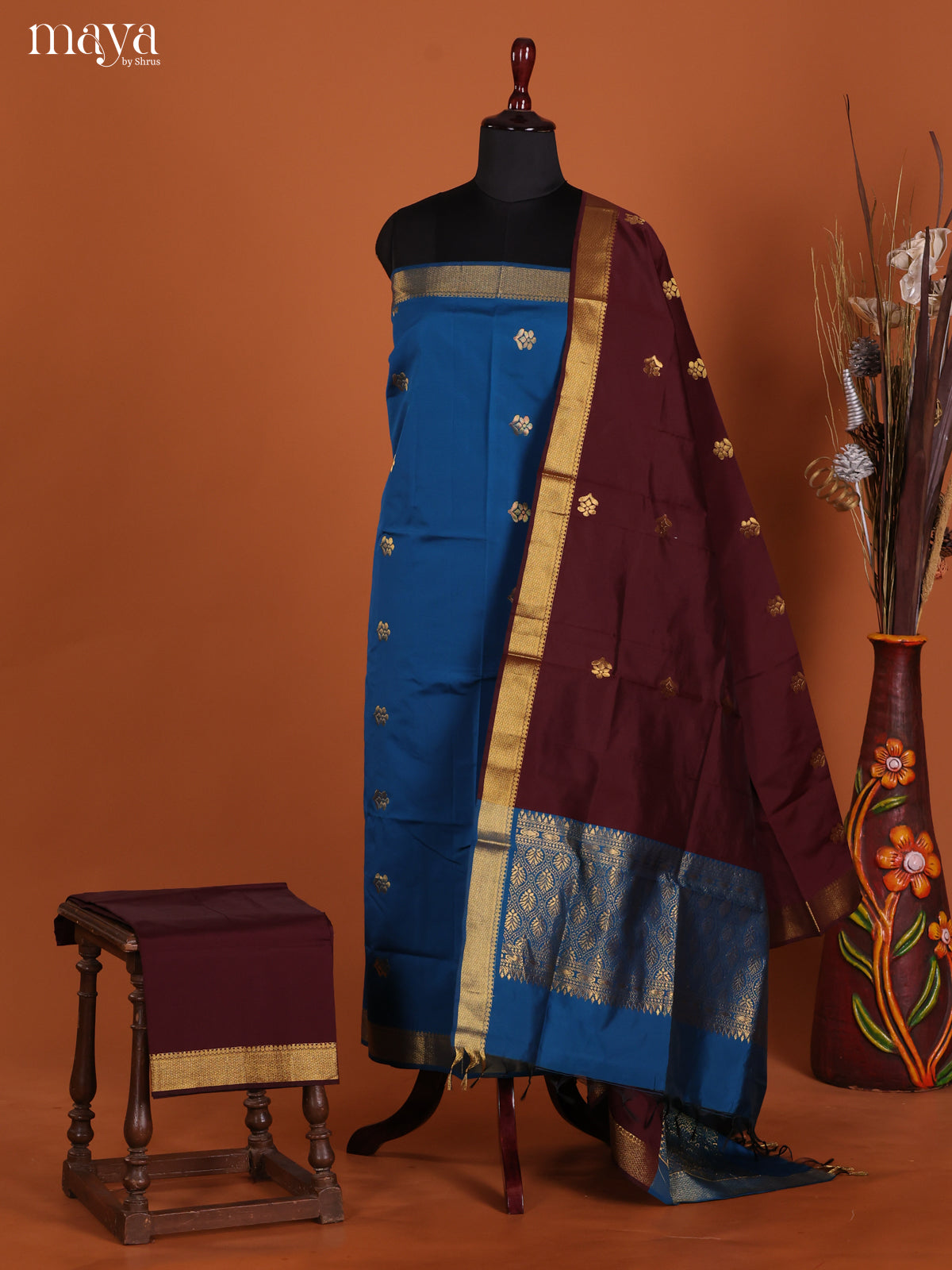 Blue & Maroon-semi softsilk salwar Unstitch