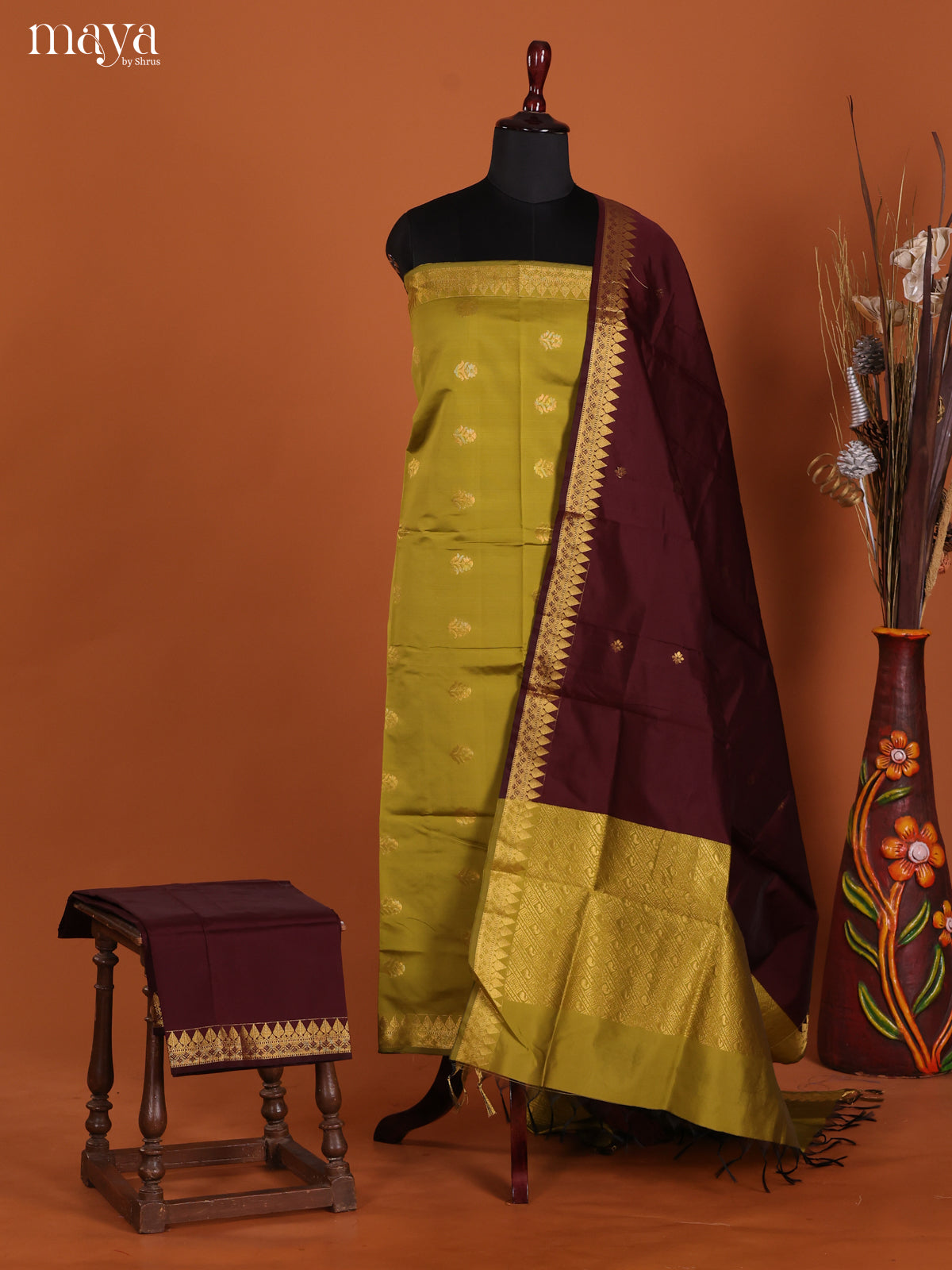Olive Green & Maroon-semi softsilk salwar Unstitch