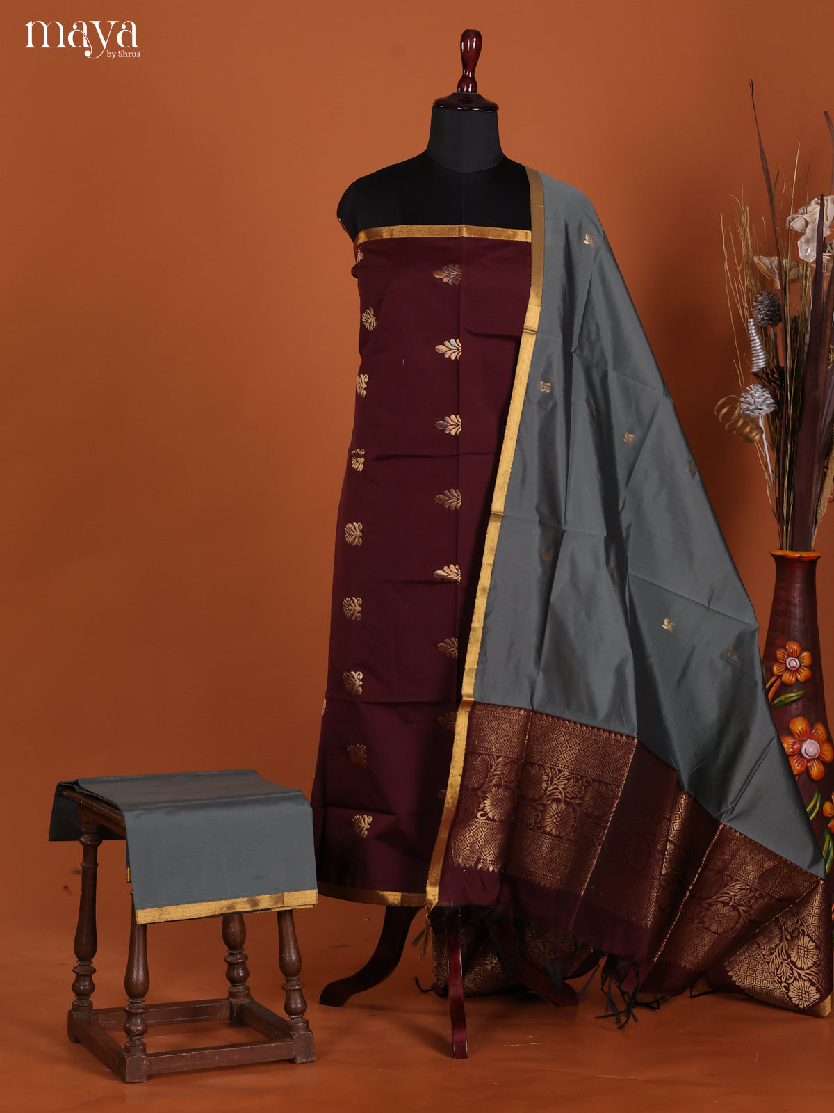 Maroon & Grey-semi softsilk salwar Unstitch