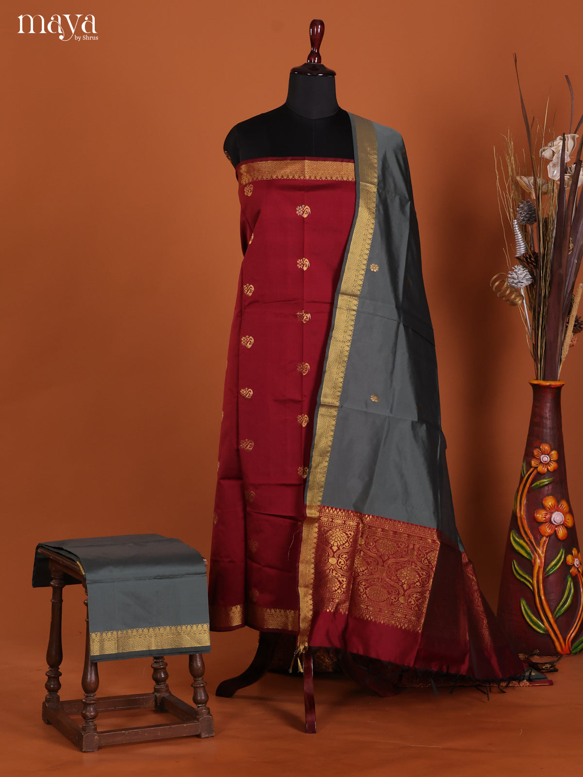 Red  & Grey-semi softsilk salwar Unstitch