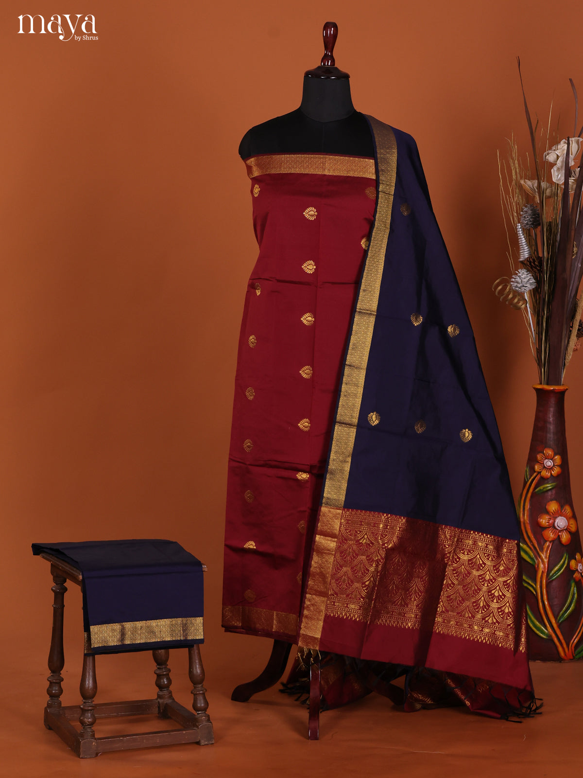 Maroon & Blue - semi softsilk salwar Unstitch