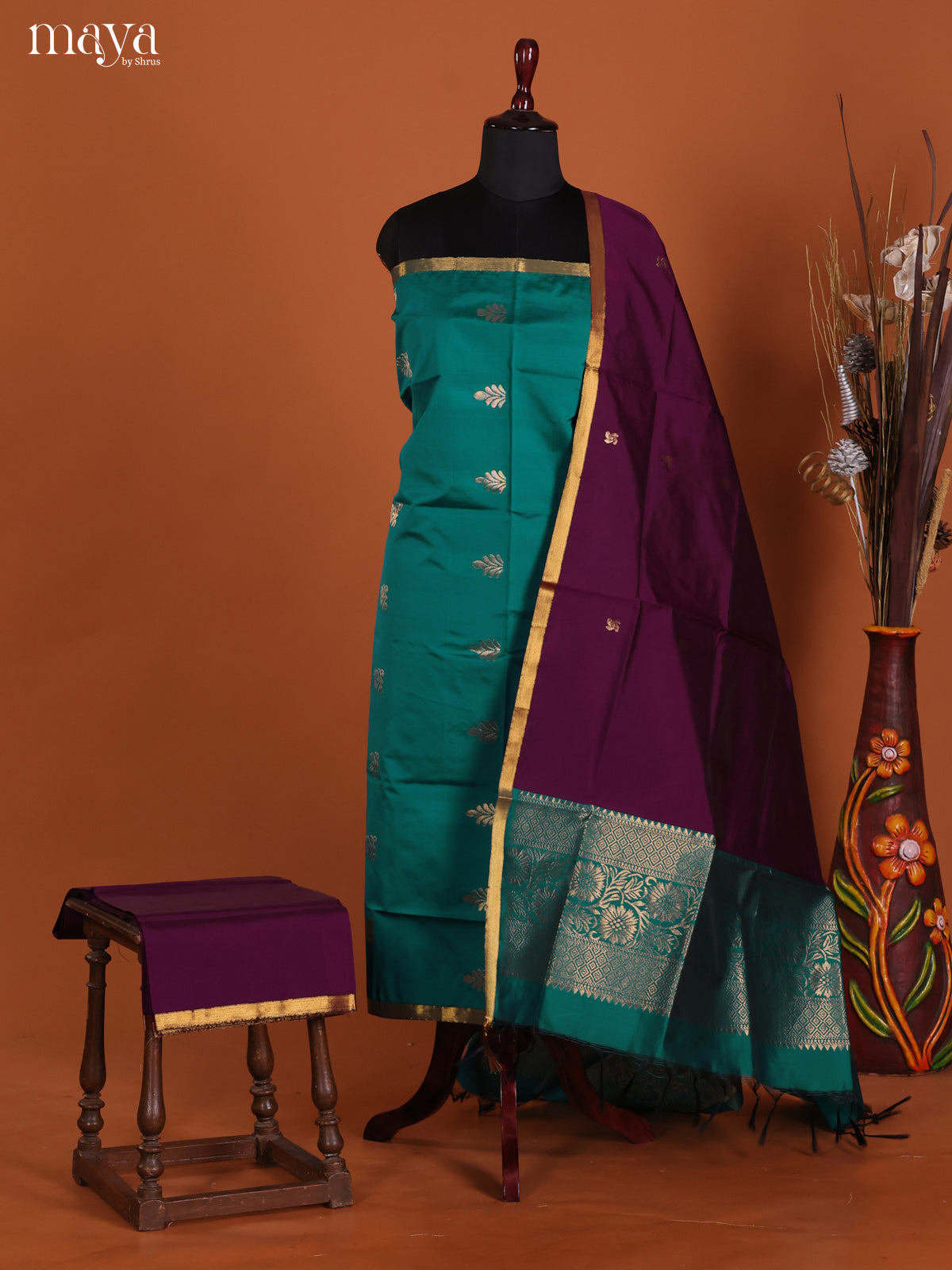 Green & Wine-semi softsilk salwar Unstitch