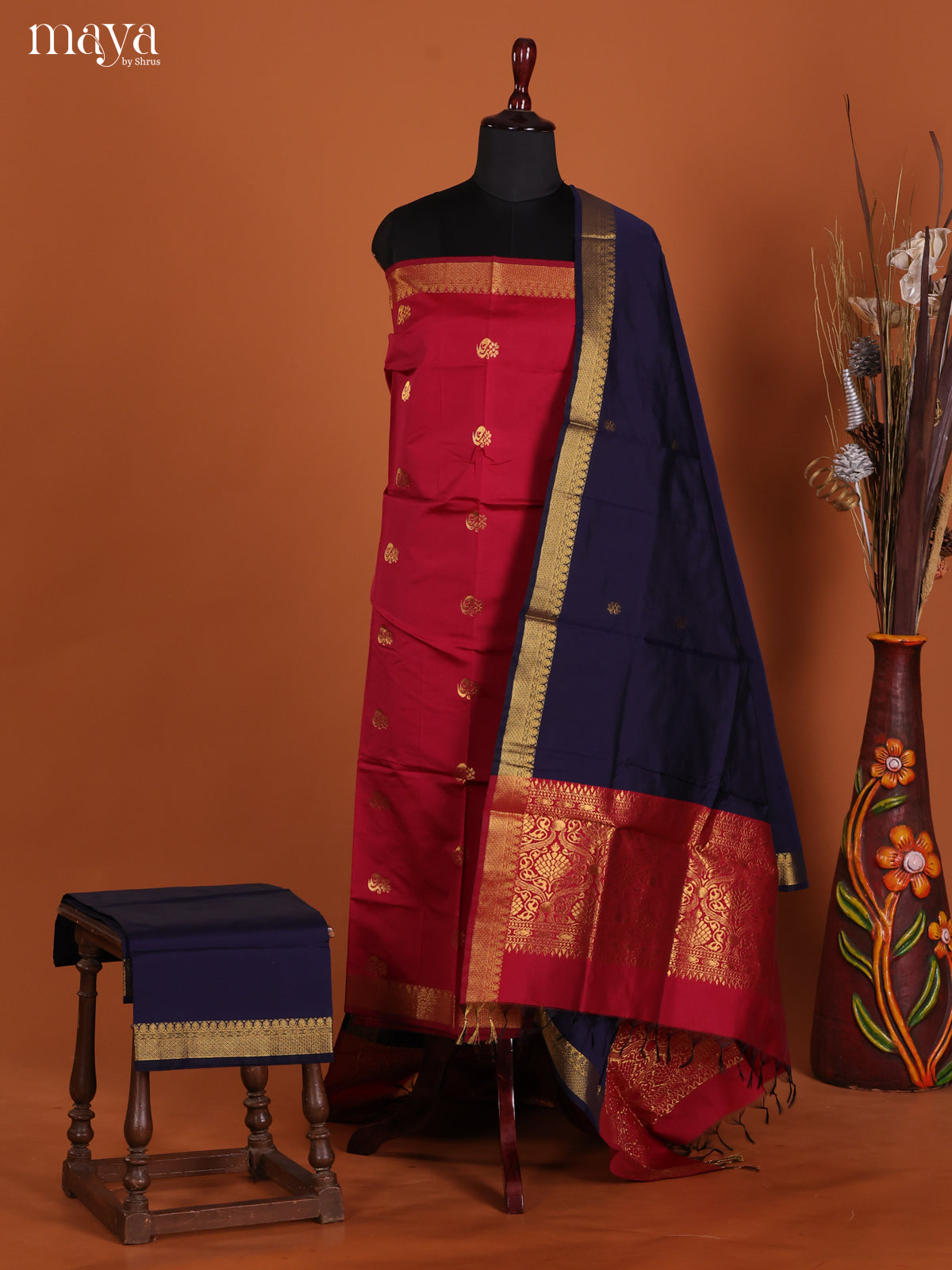 Red & Blue-semi softsilk salwar Unstitch