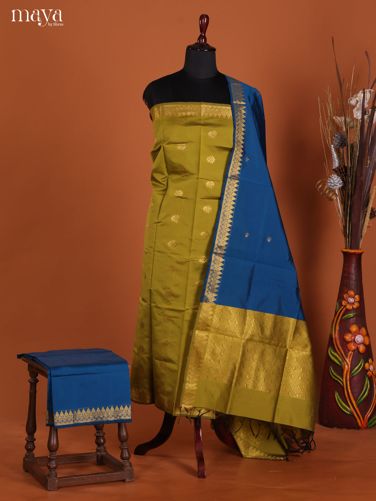 Mehandi Green & Blue-semi softsilk salwar Unstitch