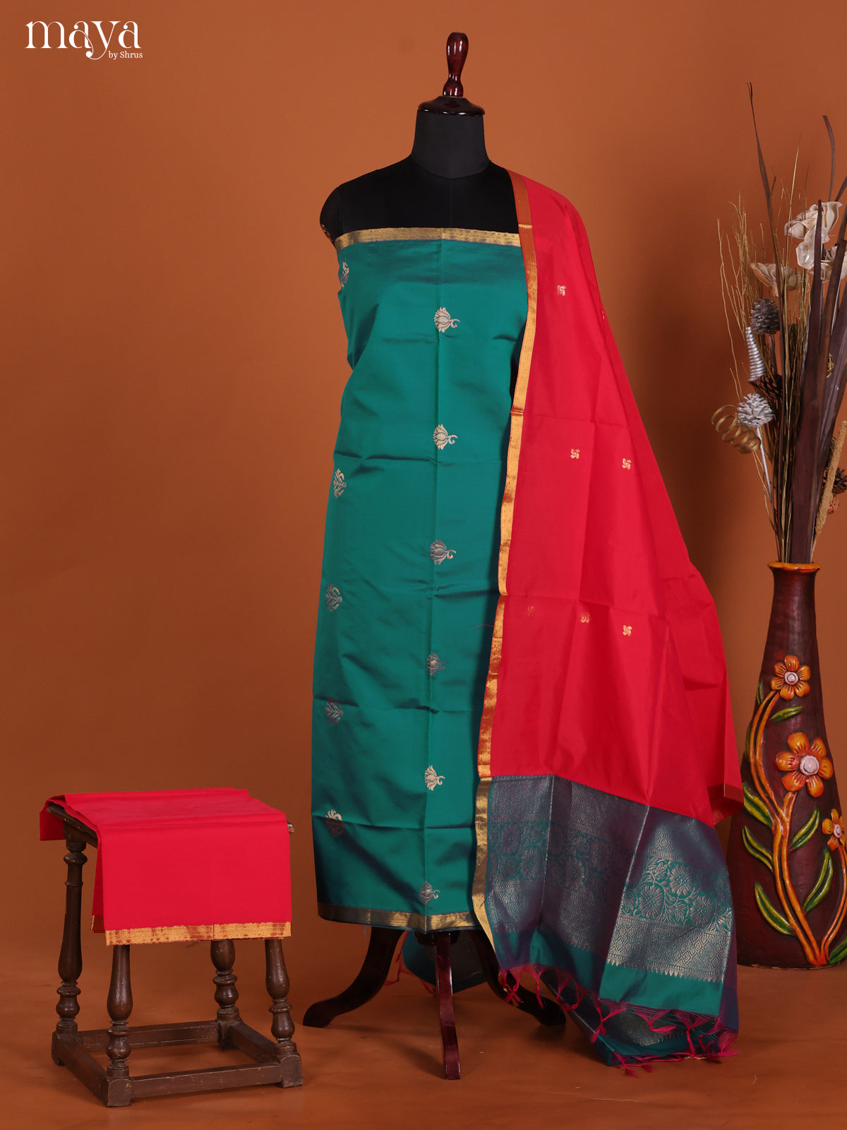 Green & Red-semi softsilk salwar Unstitch