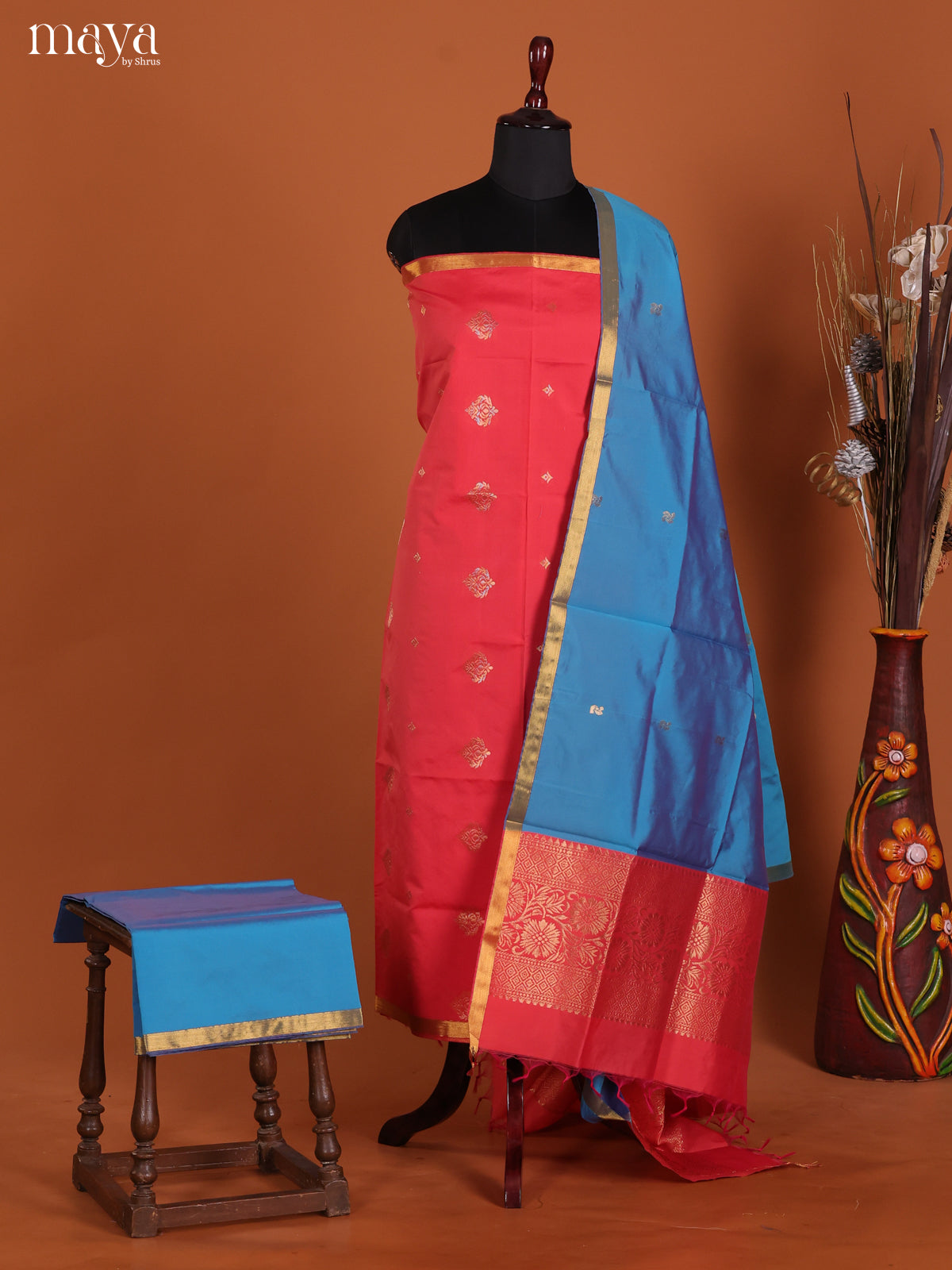 Reddish Pink & Blue-semi softsilk salwar Unstitch