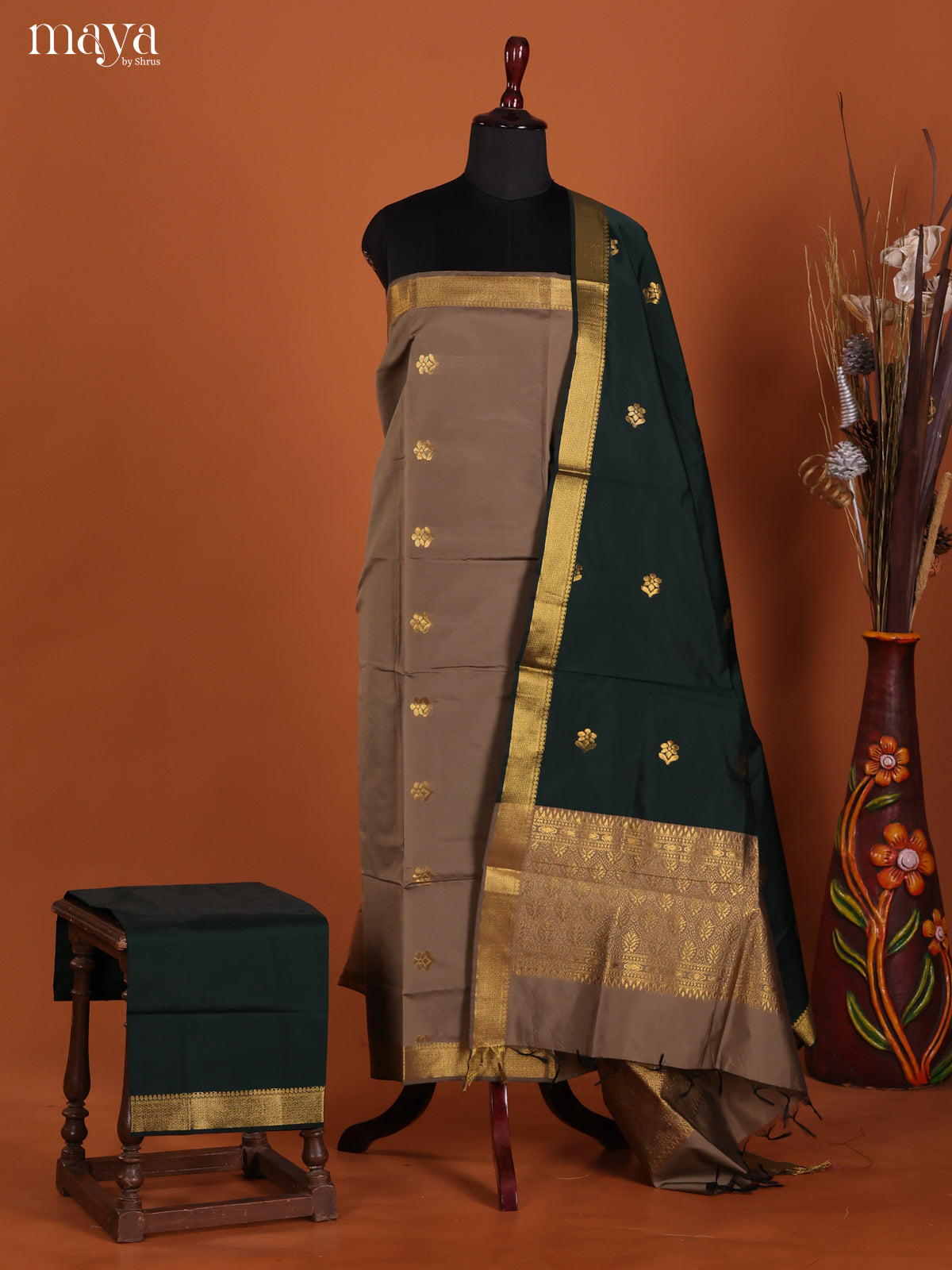 Grey & Green-semi softsilk salwar Unstitch