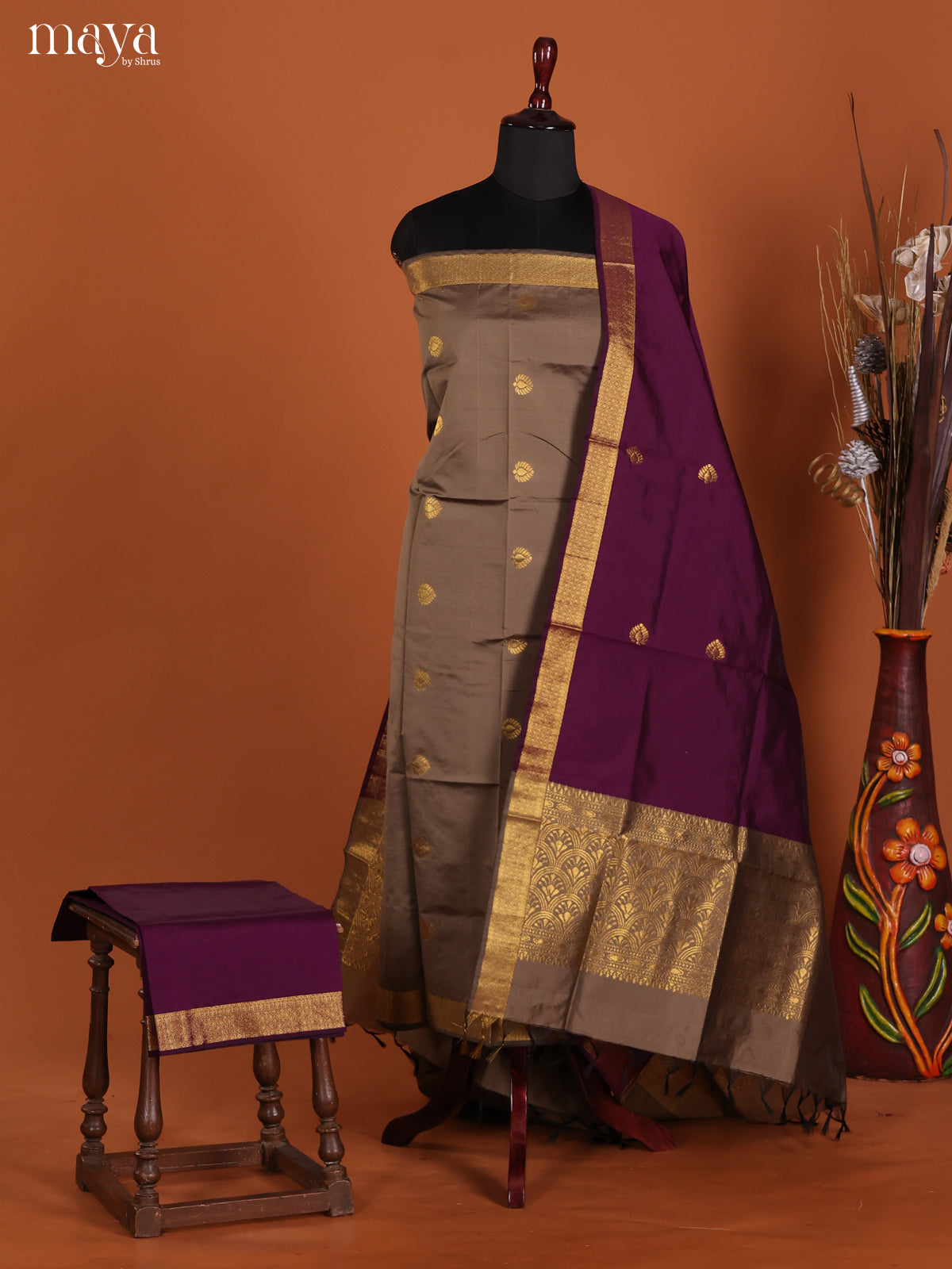 Grey & Purple-semi softsilk salwar Unstitch