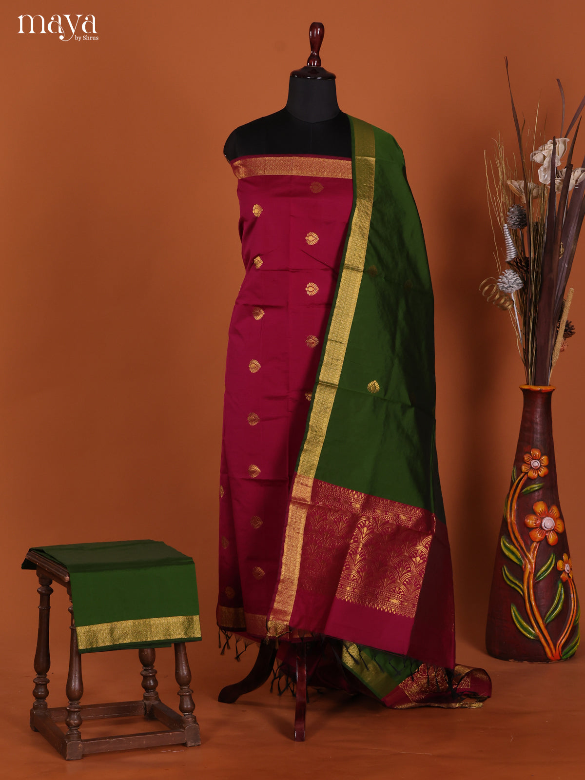 Red & Green-semi softsilk salwar Unstitch