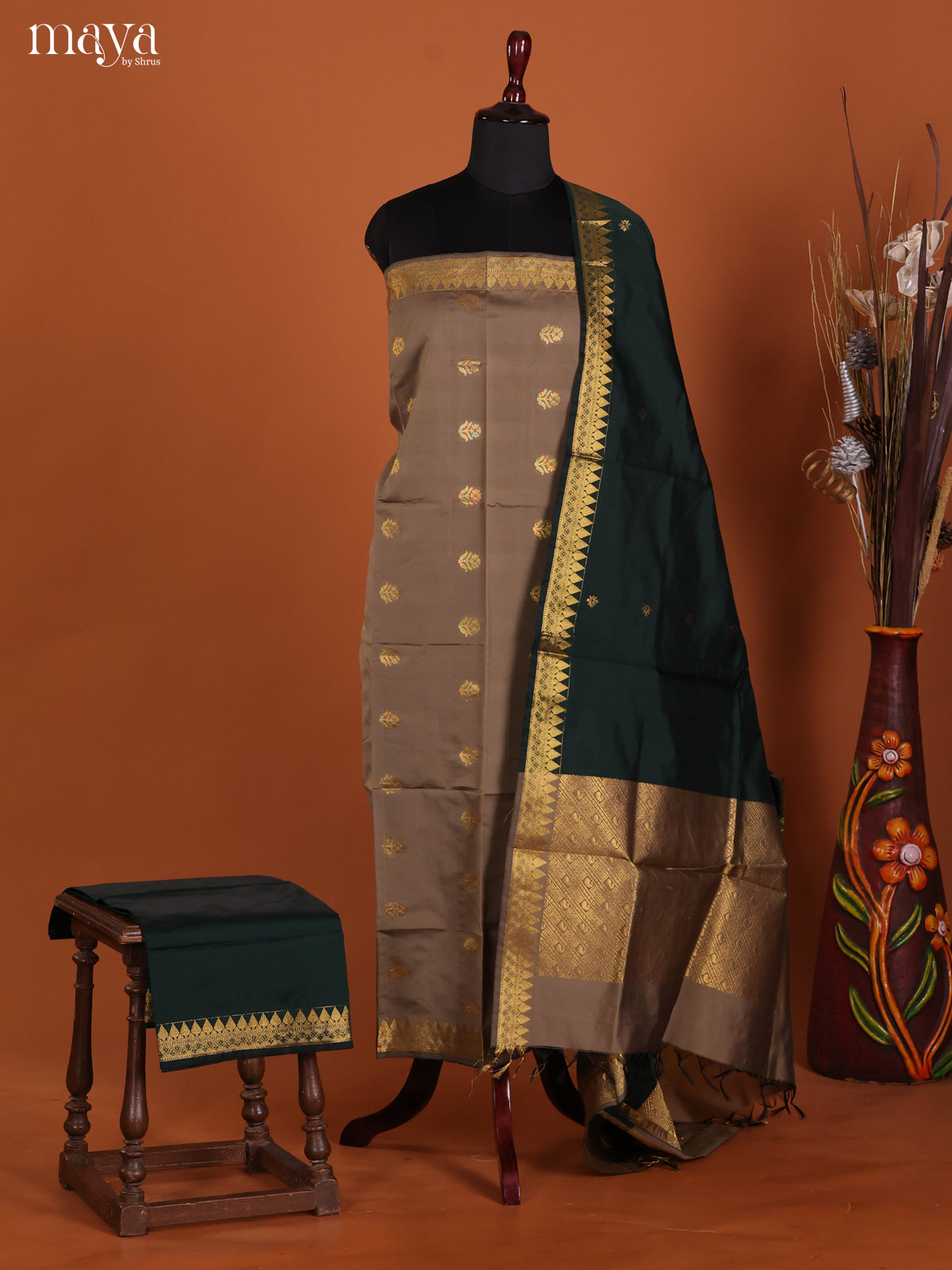 Grey & Green-semi softsilk salwar Unstitch