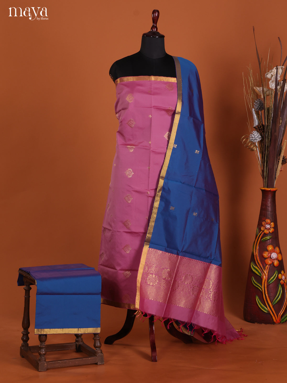 Pink & Blue-semi softsilk salwar Unstitch
