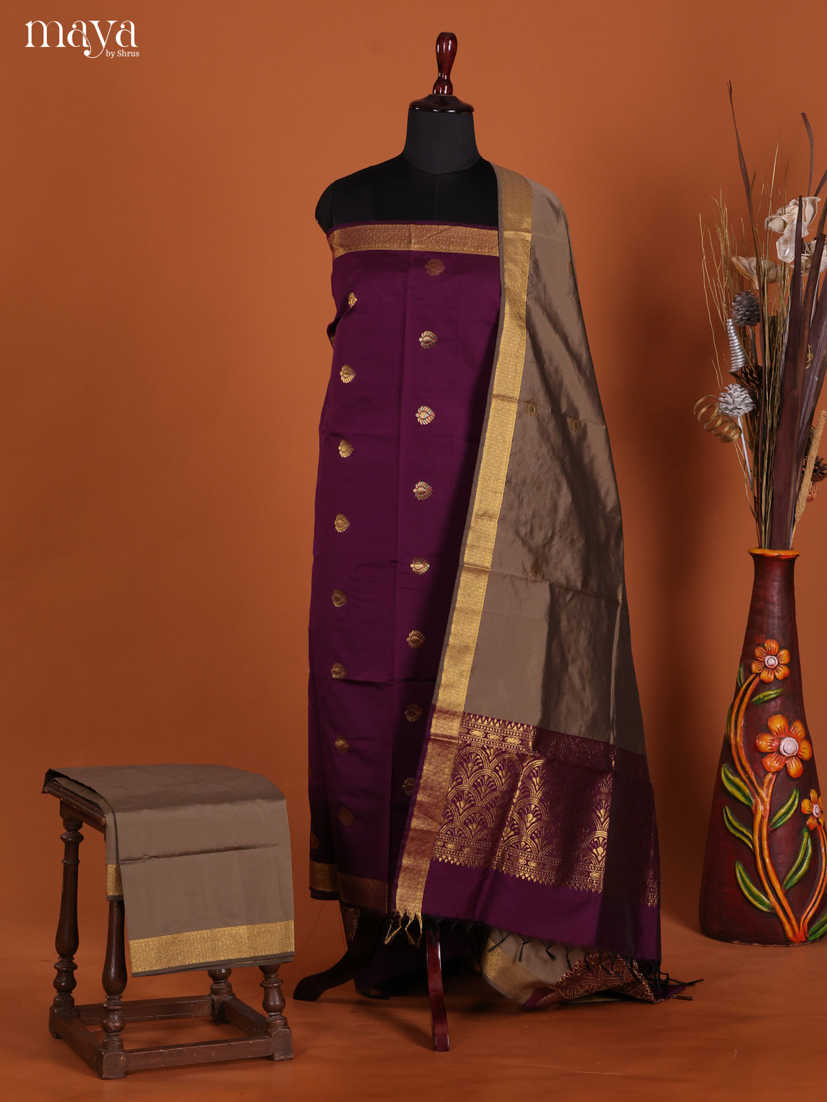 Violet & Grey-semi softsilk salwar Unstitch