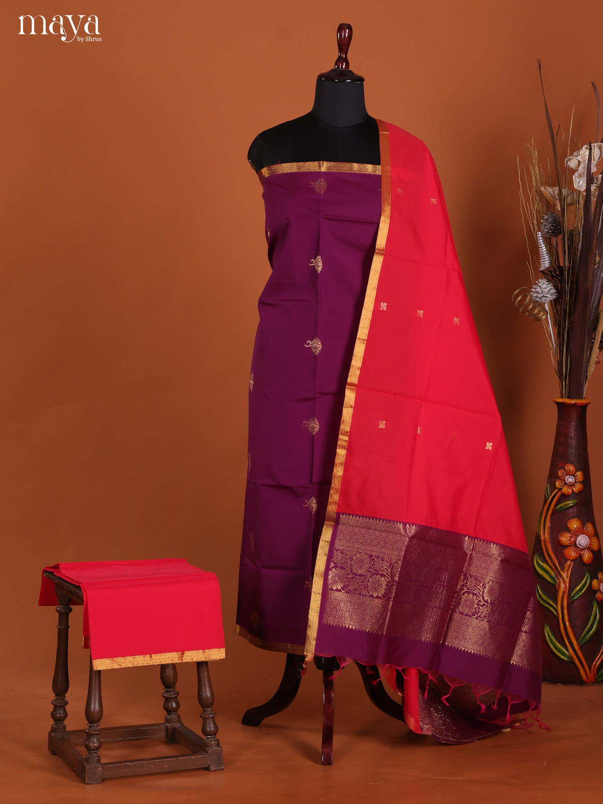 Violet & Red-semi softsilk salwar Unstitch