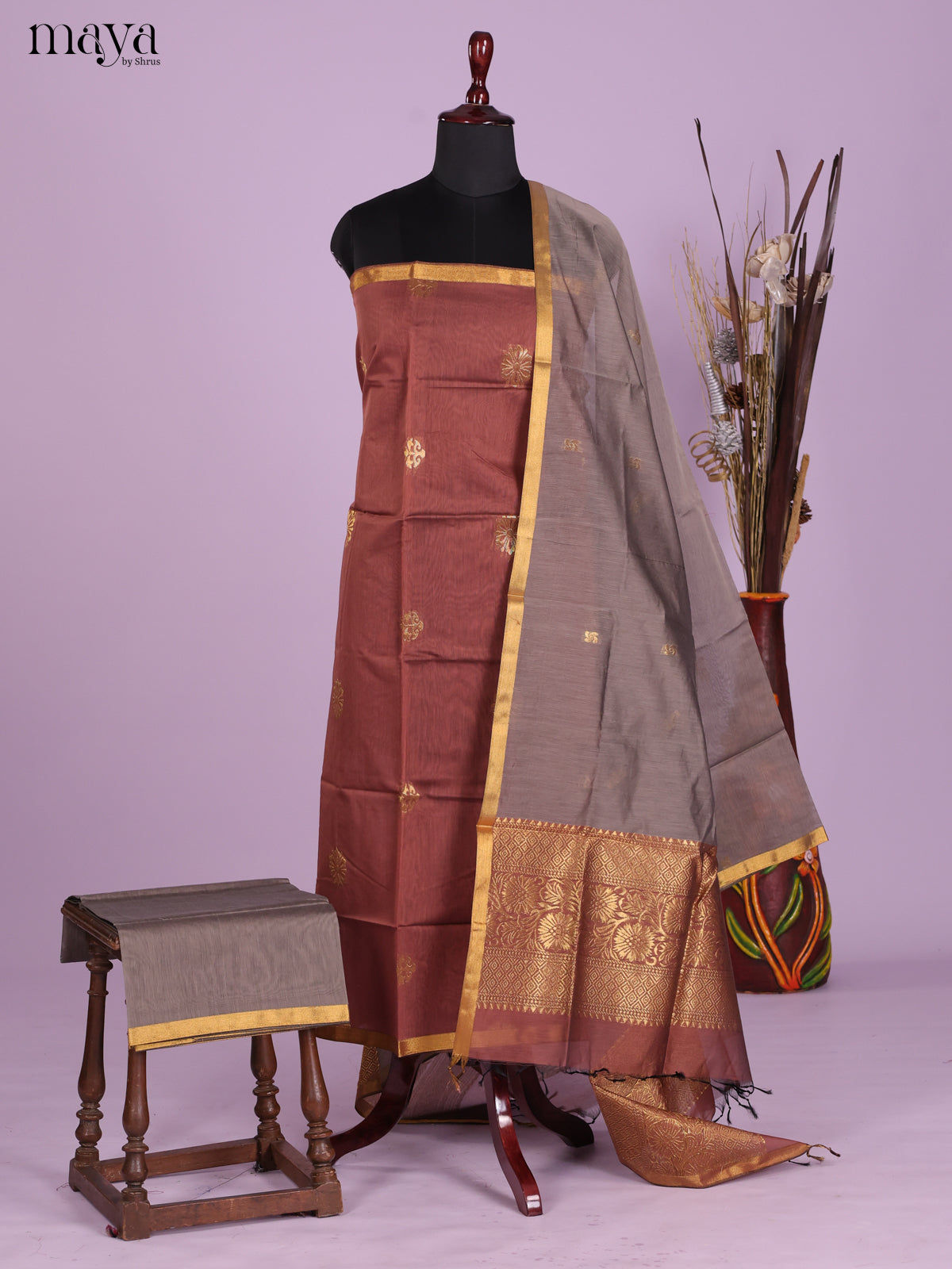 Brown & Grey-Semi silkcotton salwar unstitch