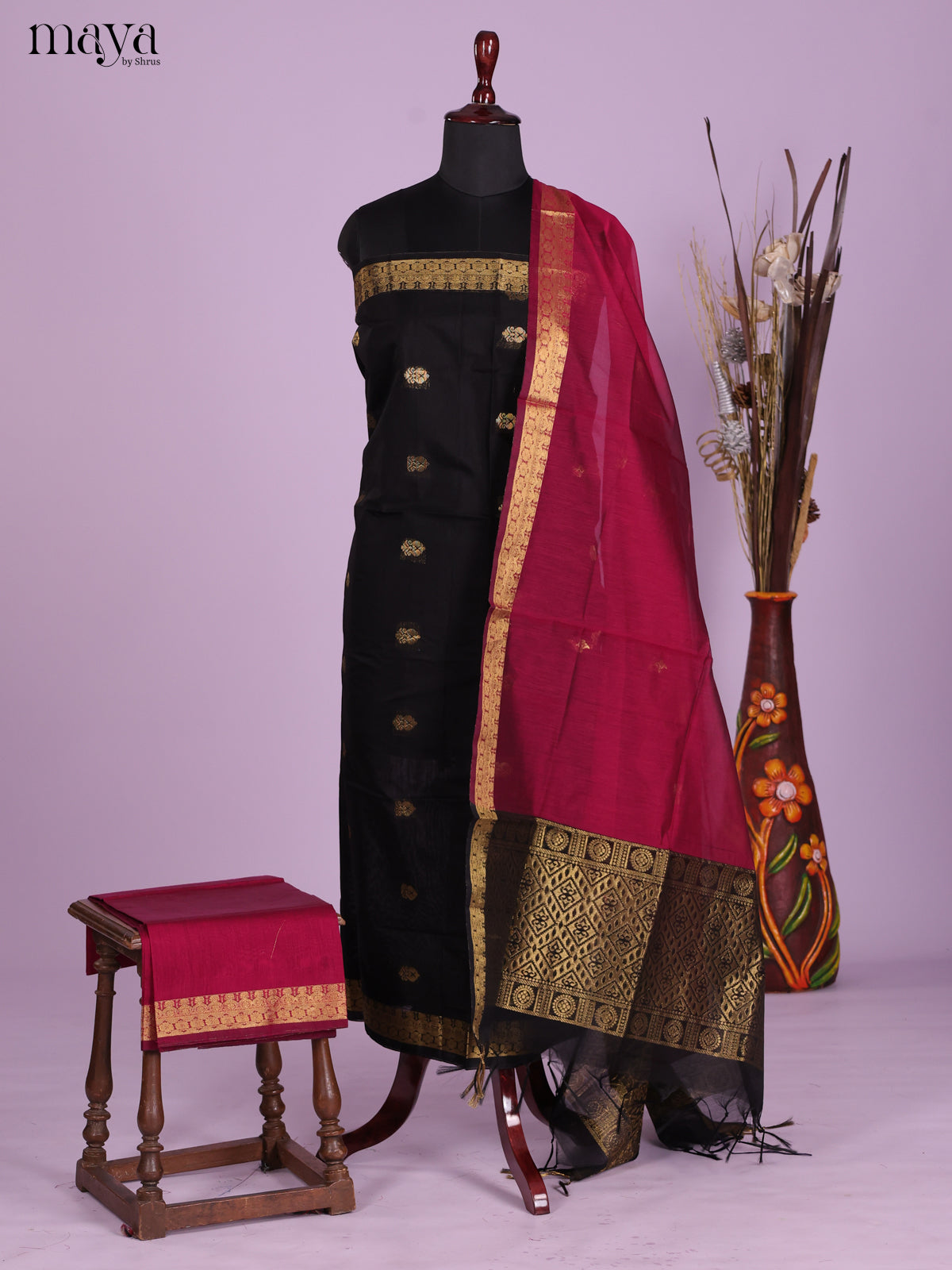 Black & Red-Semi silkcotton salwar unstitch