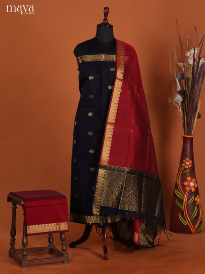 Blue & Red-Semi silkcotton salwar unstitch