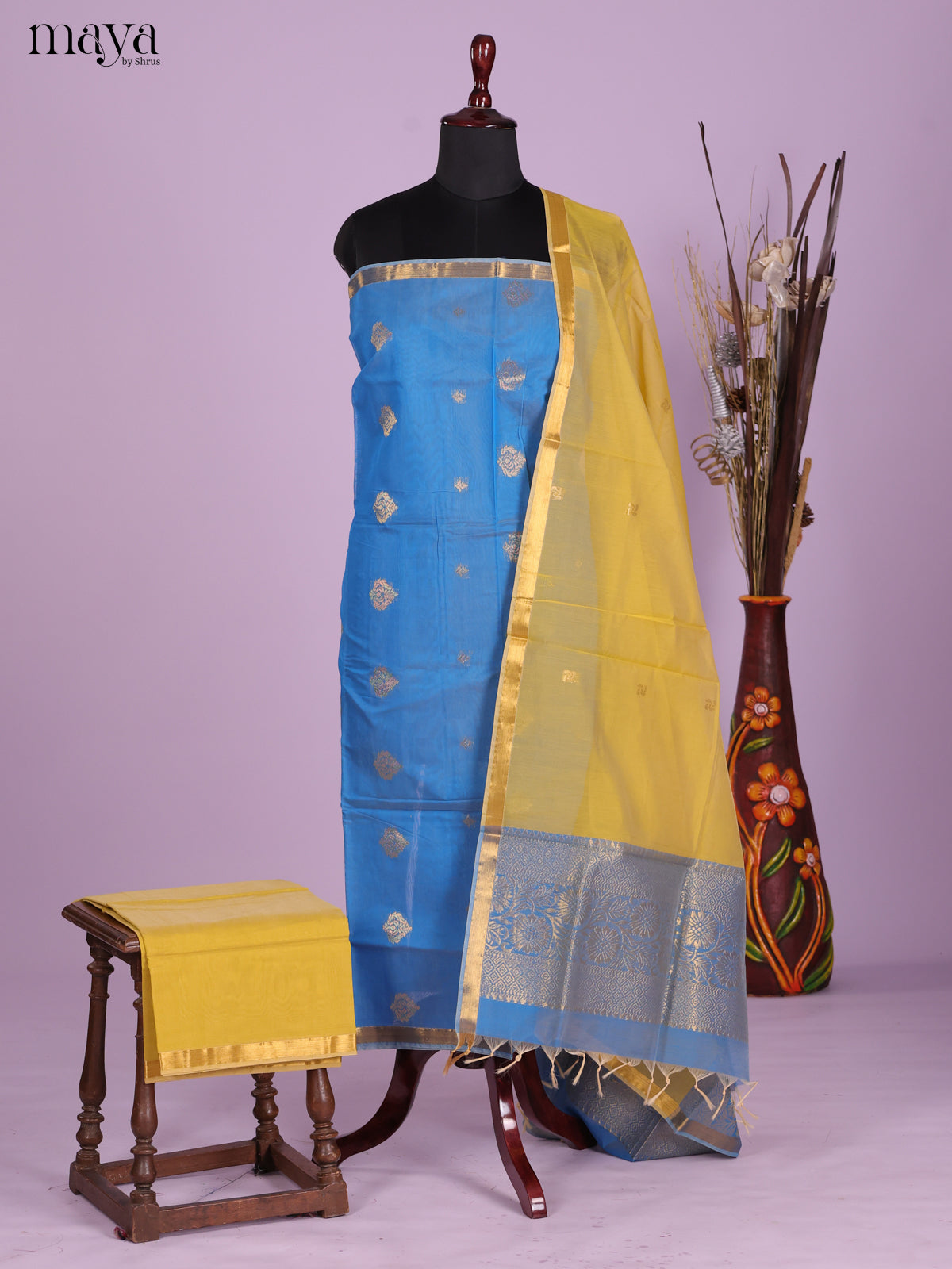 Blue & Yellow -Semi silkcotton salwar unstitch