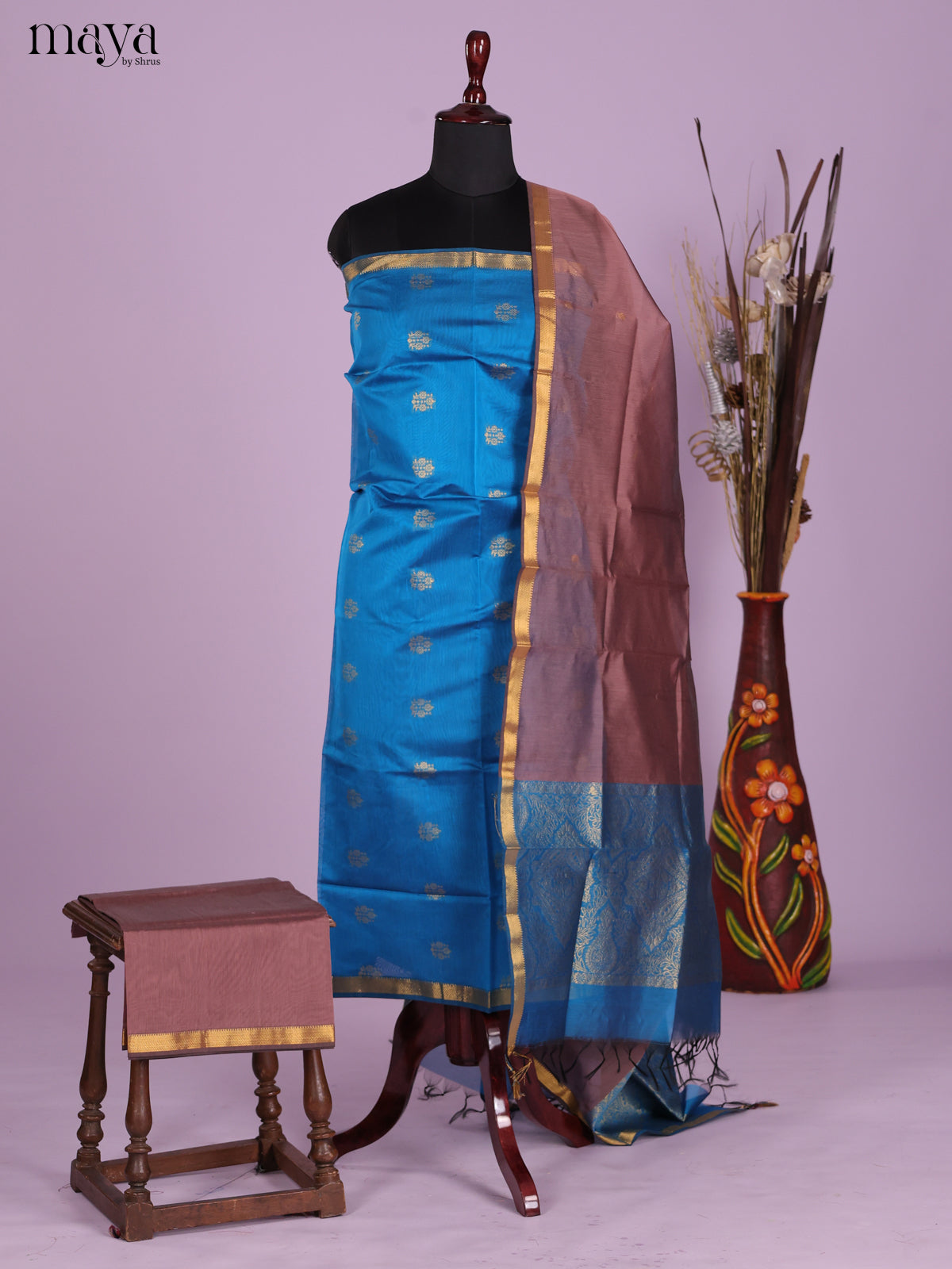 Blue & Brown-Semi silkcotton salwar unstitch