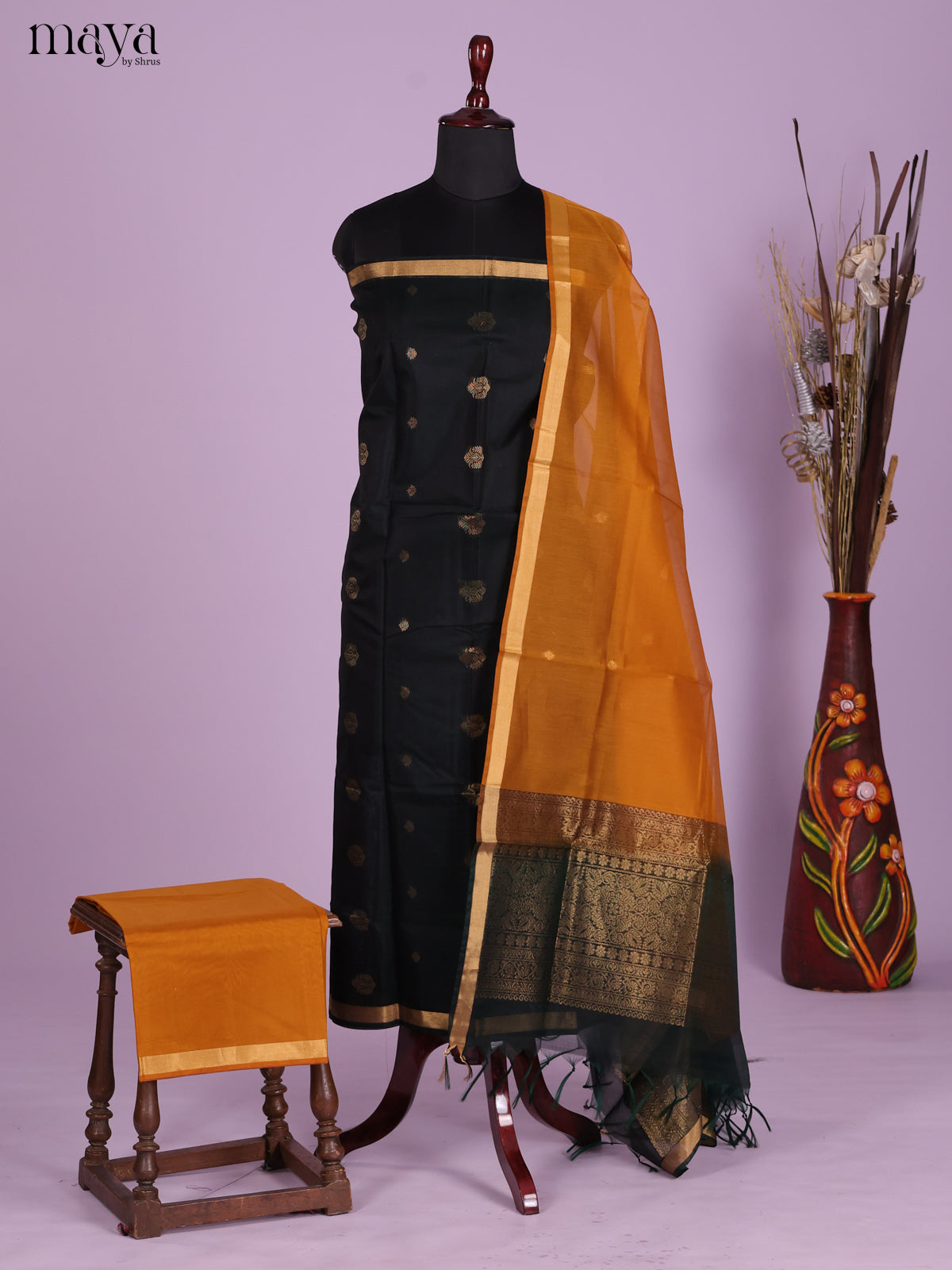 Black  & Mustard-Silkcotton salwar Unstitch